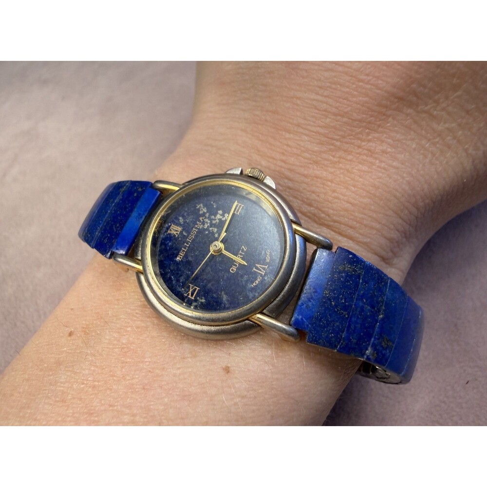 Vtg Bellissima quartz watch featuring a natural lapis lazuli stone dial & band